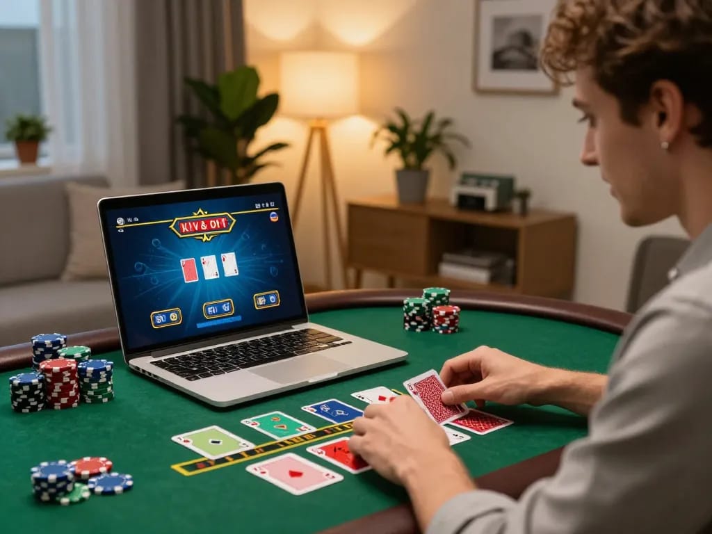 Players engaging with soibet online casino, using laptops in a cozy home setting, surrounded by poker cards and chips.
