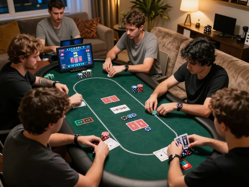 Players enjoying strategic online poker game at home, showcasing f168 action with dynamic gameplay.