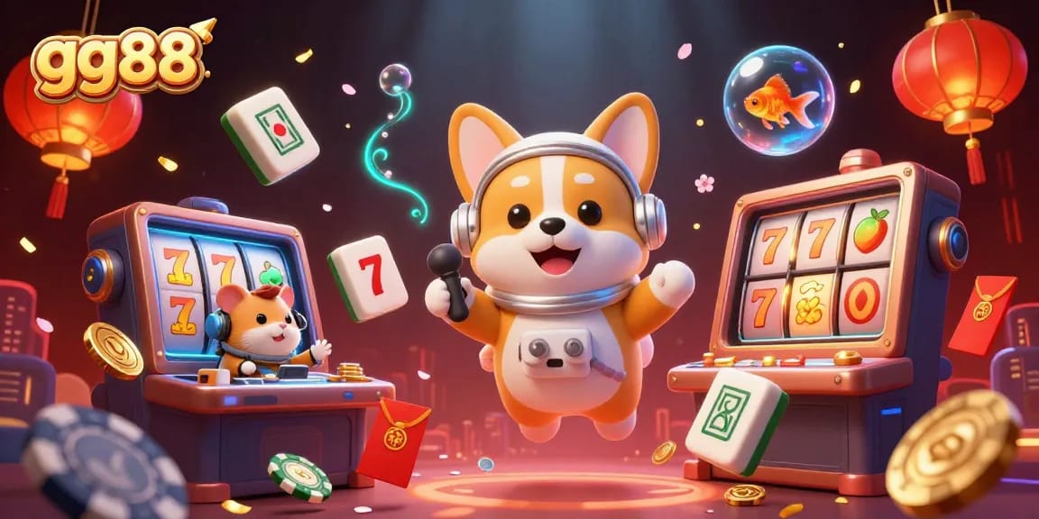 Experience gg88 with a 3D cartoon scene showcasing an astronaut corgi in a casino setting, complete with floating gaming elements.