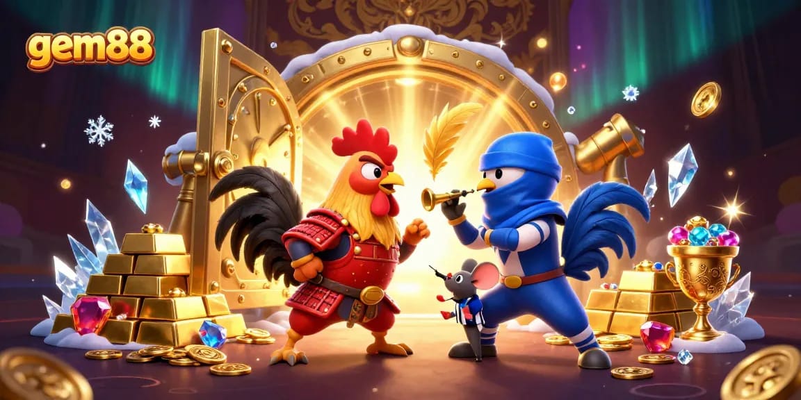 Bet big with gem88 at an exciting rooster fight, showcasing vibrant casino themes.