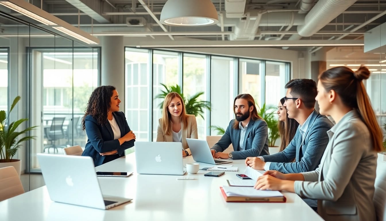 Aktive Diskussion über Stellenangebote in einem modernen Büro mit dynamischer Atmosphäre.