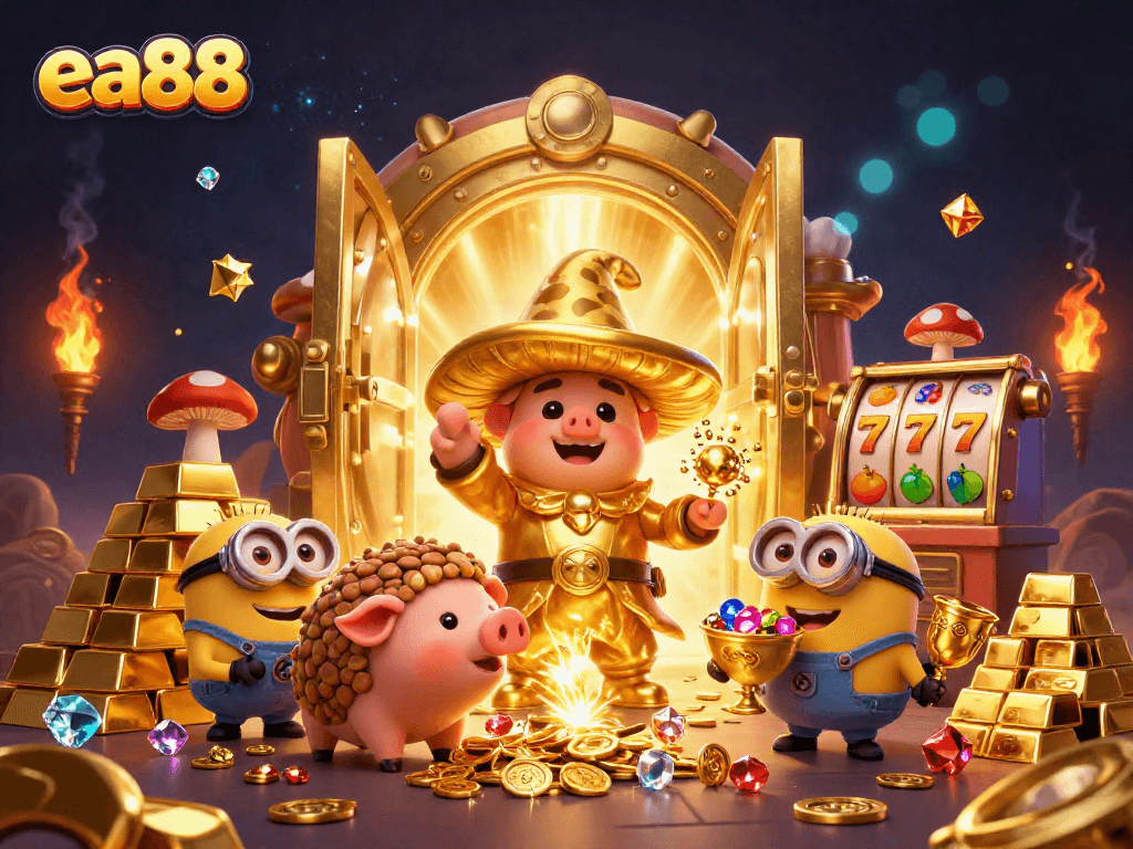 Win big with ea88 in a vibrant casino scene featuring magical treasures and slot games.