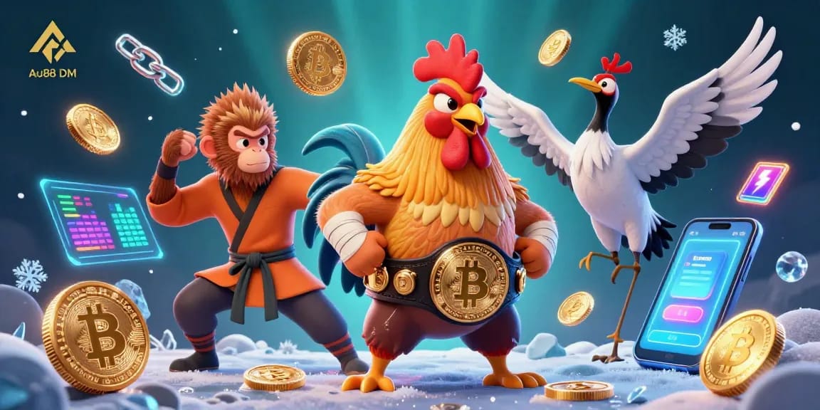 Engage with exciting casino action featuring the iconic characters of Au88 DM set against crypto-themed elements.