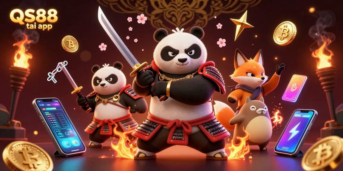Experience the excitement of QS88 tai app with a vibrant 3D casino scene featuring a samurai panda and magical energy.