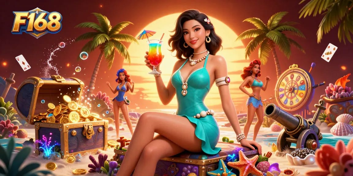 Elevate your gaming with F168; a vibrant casino scene featuring an Asian woman, treasure, and glowing gems.