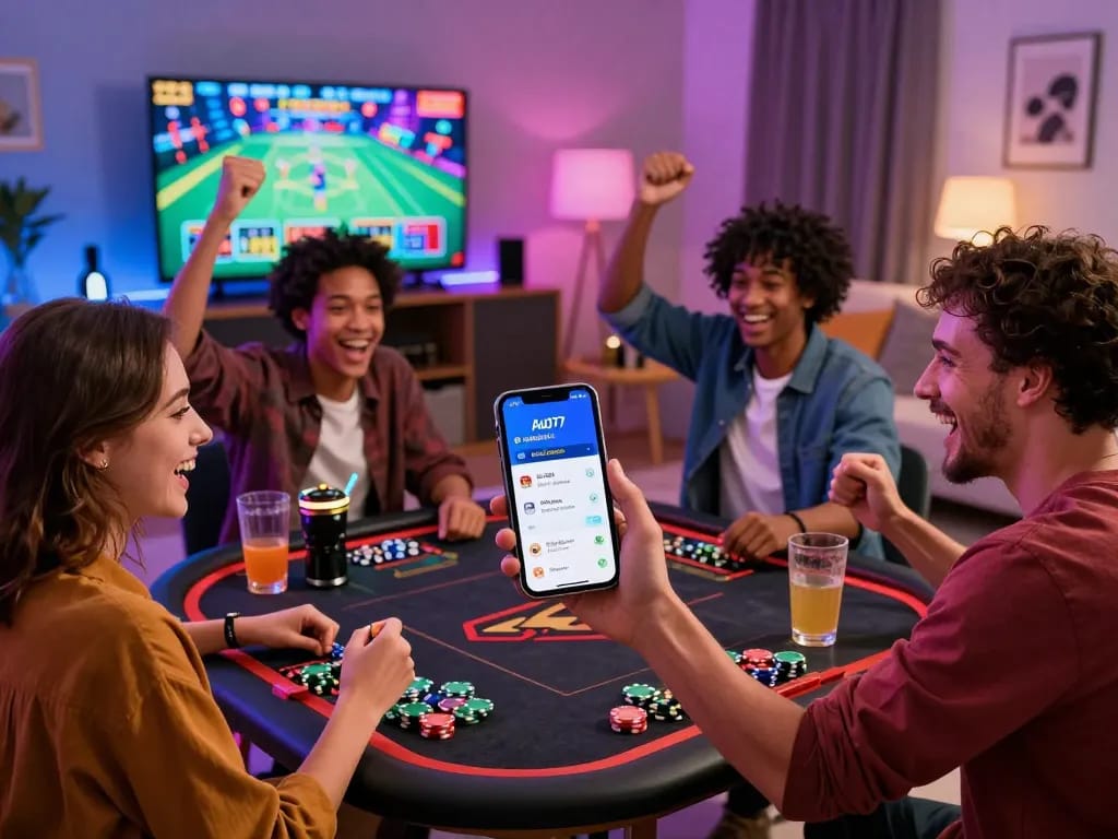 Friends celebrating a win using the aud77 e-wallet at a vibrant home gaming setup.