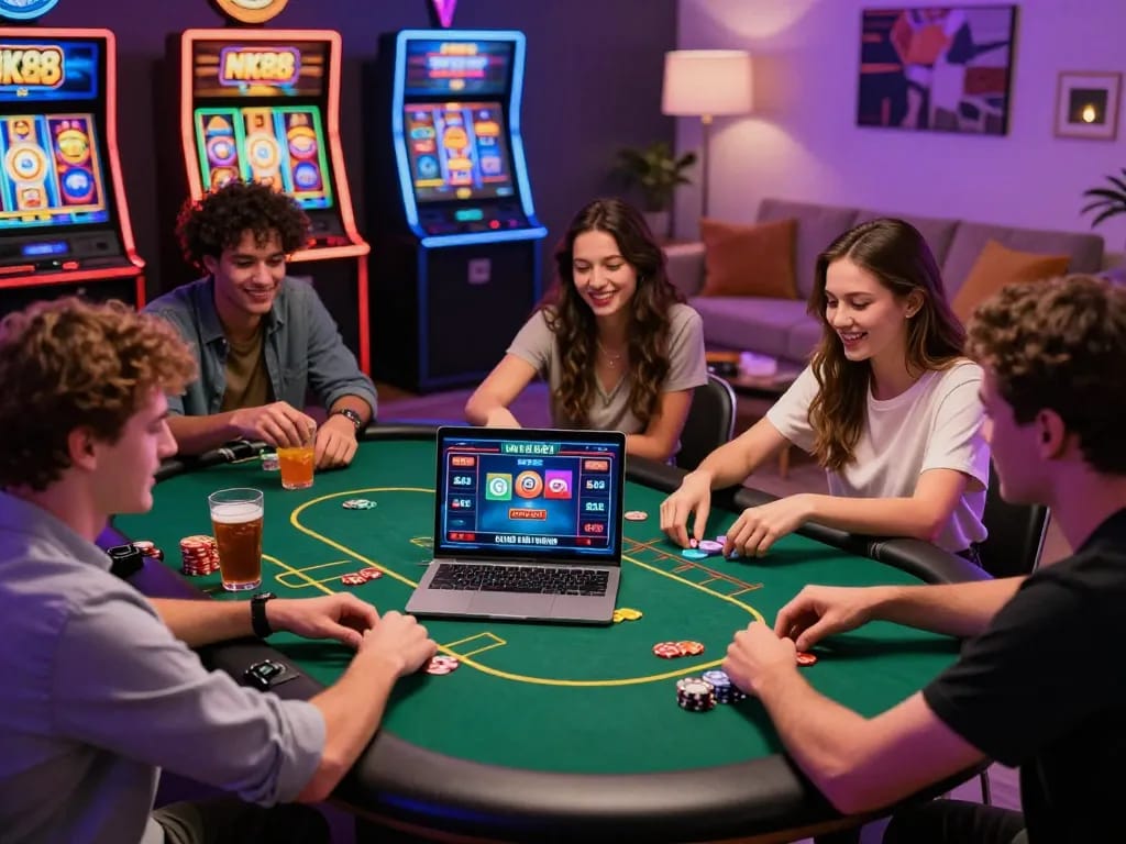 Friends engaging in an online NK88 casino game night with vibrant graphics and a cozy atmosphere.