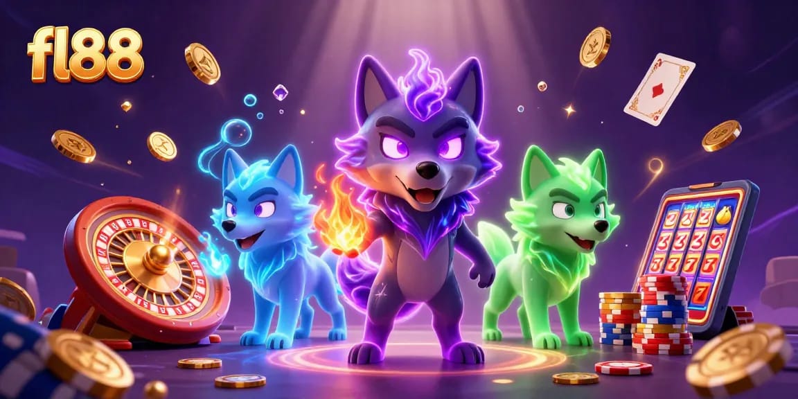 Fl88 showcases a stunning 3D casino scene with enchanting wolves and dynamic gaming elements.