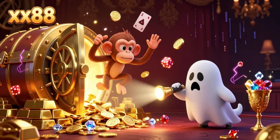 Engage with thrilling experiences at xx88 online casino featuring an energetic scene of a ghostly monkey juggling treasures.