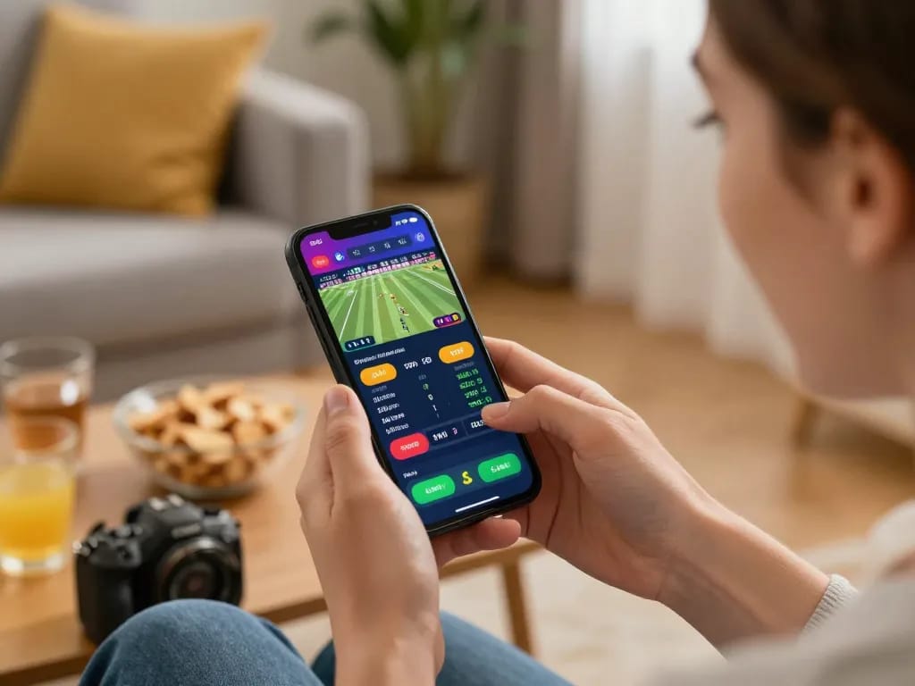 Engaging live sports betting experience with LC88 link on smartphone in a cozy home setting.