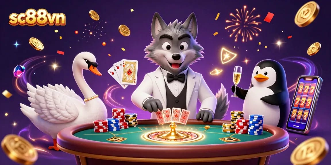 Experience thrilling gaming moments with sc88vn at an elegant casino scene featuring a wolf, swan, and penguin.