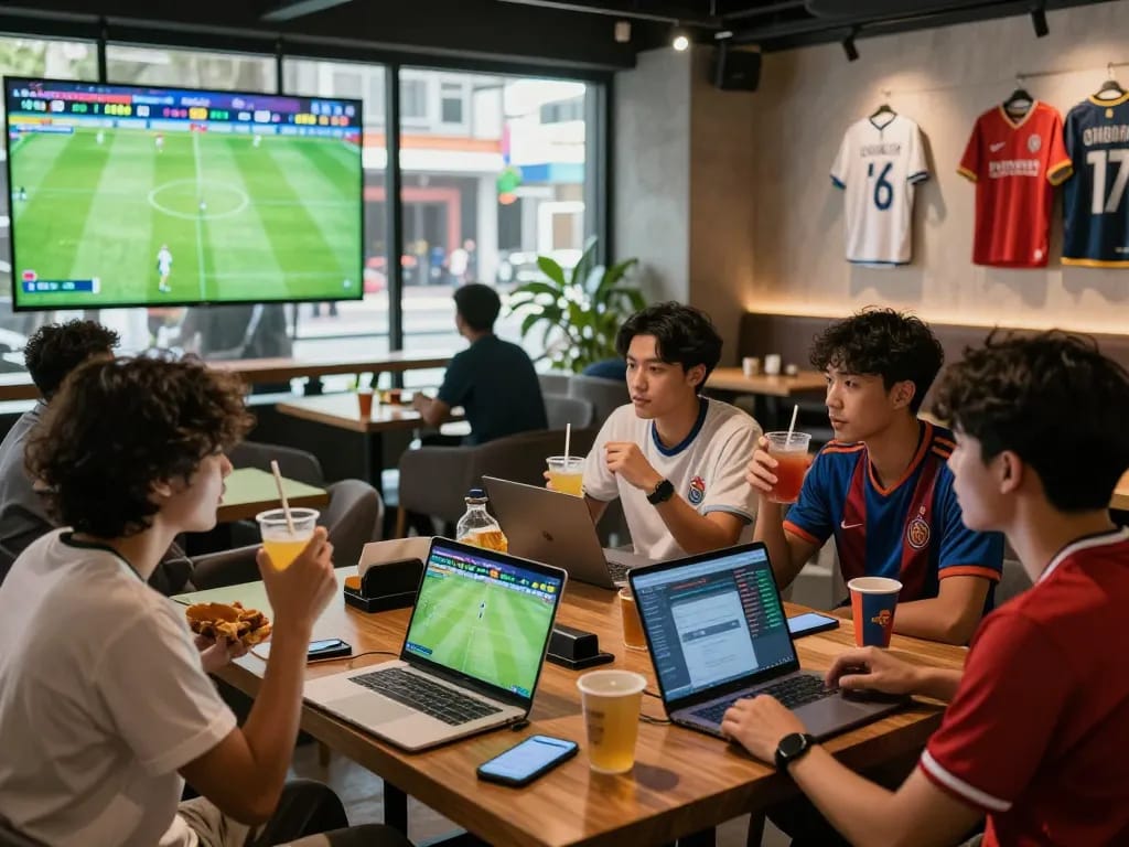 Friends engaging in kèo nhà cái betting analysis while watching a live football match in a vibrant sports lounge.