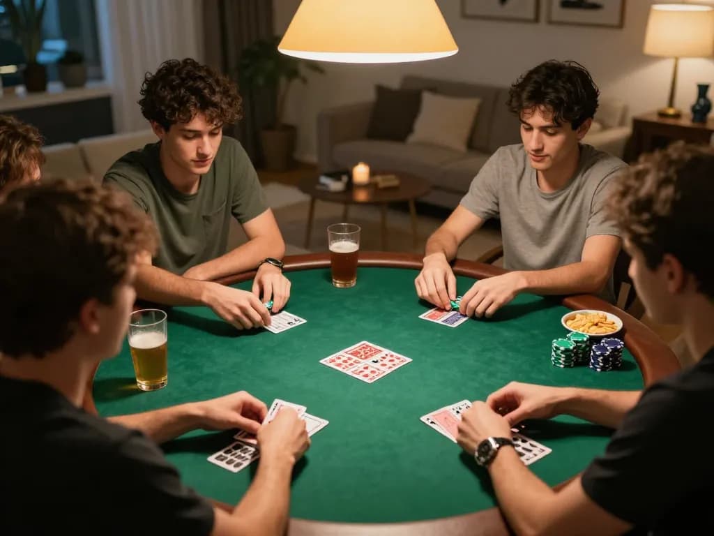 Friends enjoying a poker night at home using o8net3 platform for online gambling.
