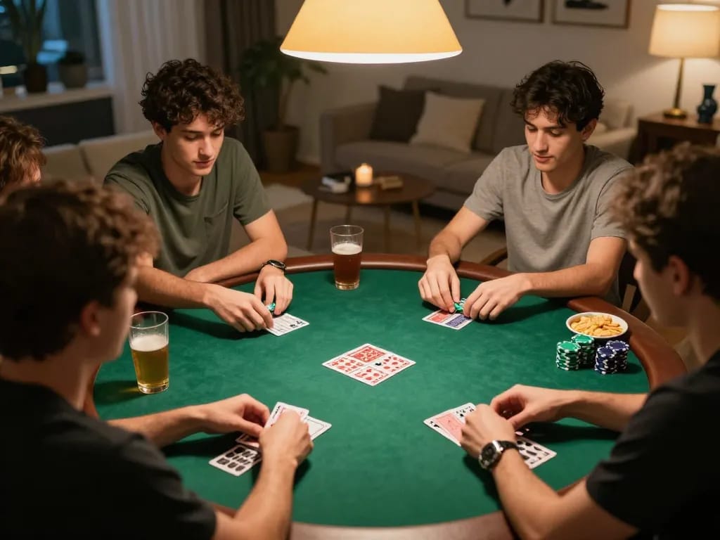 Friends enjoying a poker night at home using o8net3 platform for online gambling.