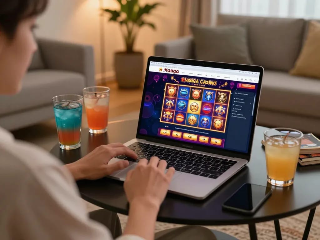 MangaCasino-de-Spieler genießt Online-Slots, während er bequem zu Hause sitzt und eine verantwortungsvolle Spielumgebung fördert.