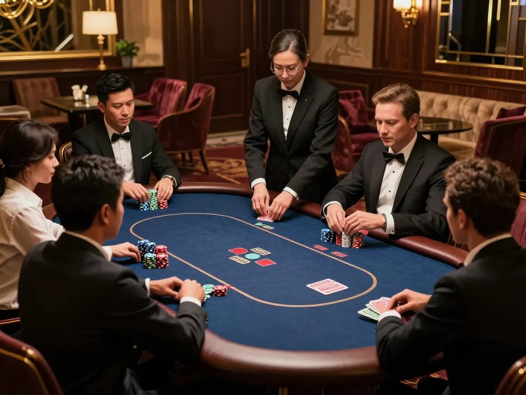 OnBet players enjoying a high-stakes poker game in an upscale casino setting.