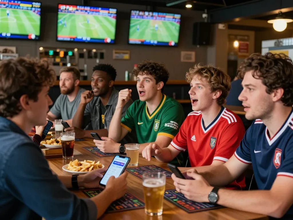 Lương Sơn TV sports betting enthusiasts using mobile apps to analyze game odds in a vibrant sports bar.