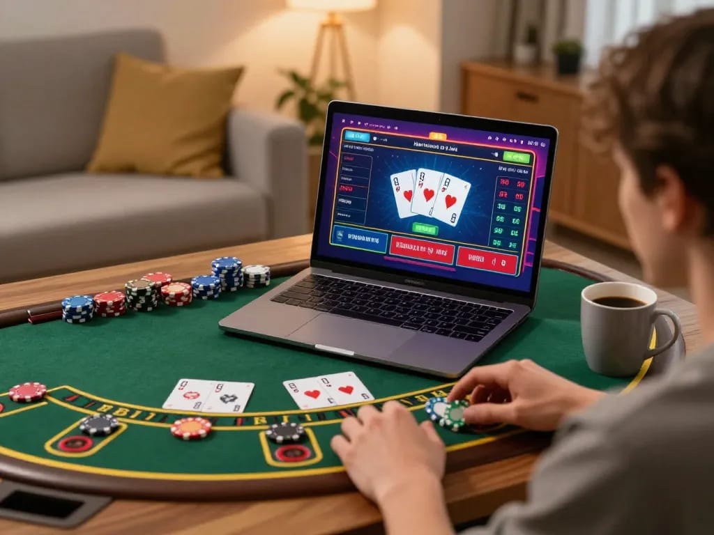 Engaging in a live dealer game of blackjack on QQ88 while enjoying a cozy home environment.