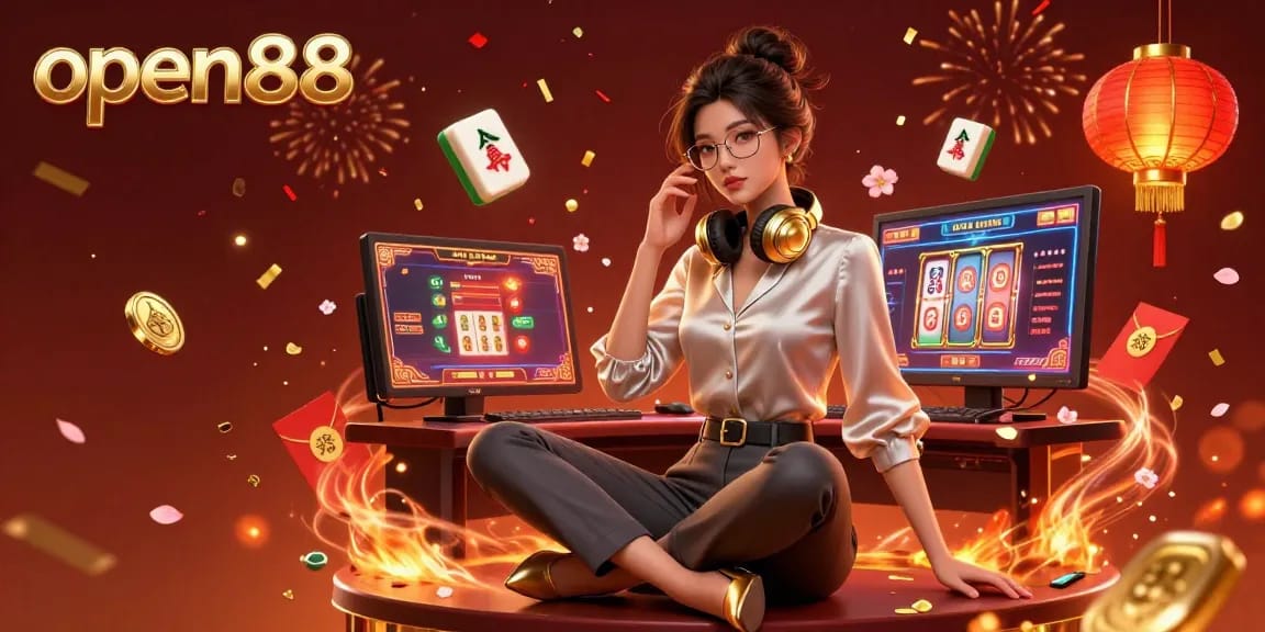 Experience the excitement of open88 with a skilled gamer amidst vibrant casino visuals and dynamic game elements.
