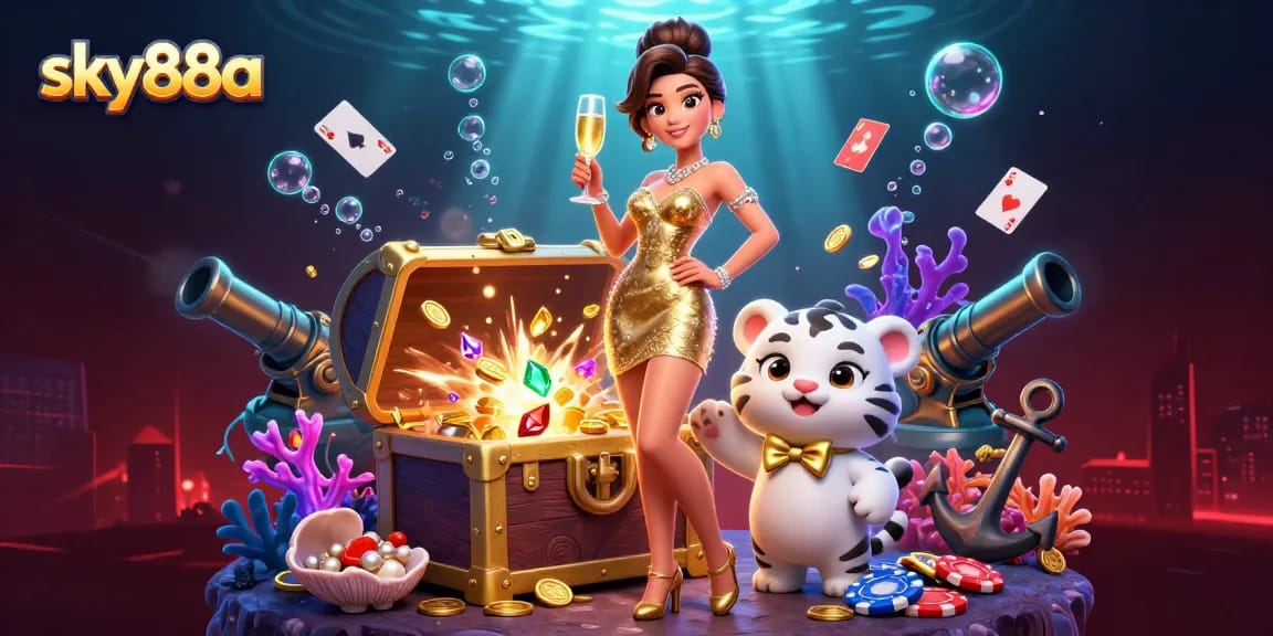 Enjoy exciting gameplay at sky88a featuring a glamorous woman and a lucky tiger cub amidst colorful casino elements.