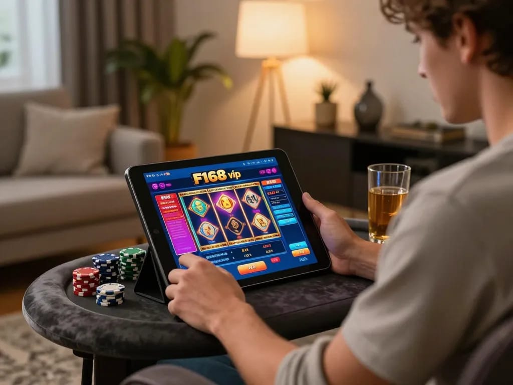 Engaging gameplay experience on F168 vip app showcasing slot games and modern decor in a cozy home setting.