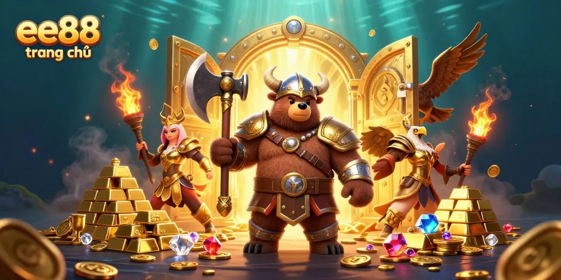 Engage with the thrilling adventure of ee88 trang chủ, showcasing dynamic Viking and eagle characters amidst gold treasure and gems.