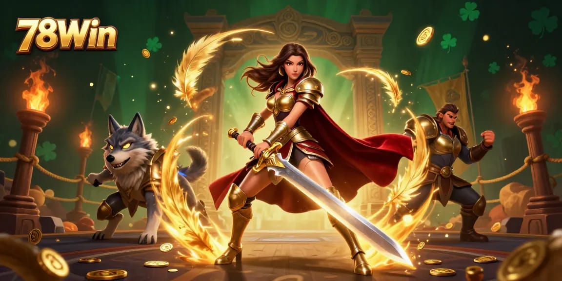 Engage with 78Win's thrilling casino scene showcasing a warrior queen and her wolf companion.