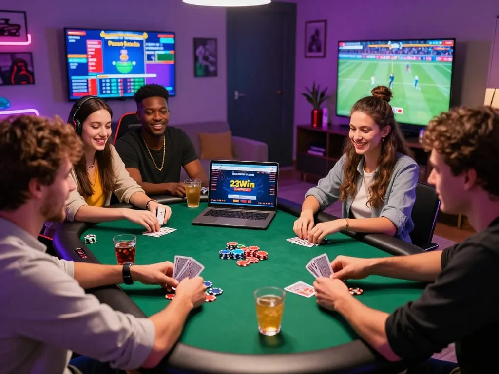 Friends enjoying an online game night with 23win.watch displayed on a laptop in a vibrant, lively casino atmosphere.