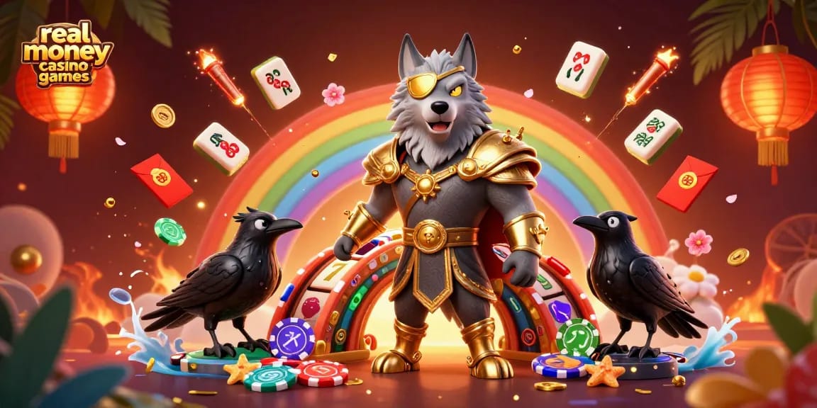Engage with real money casino games amid a vibrant Norse-themed illustration filled with dynamic casino elements.