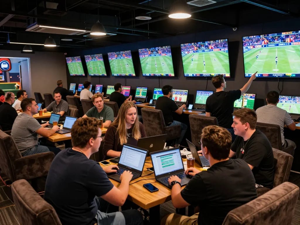 Betting strategies in action at 789winn's vibrant sports lounge filled with excited patrons.