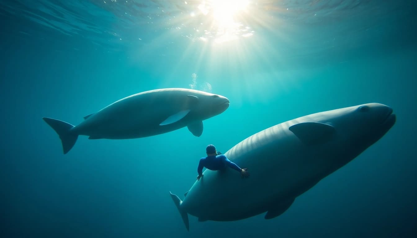Tauchen Bullenhaie: Taucher interagiert respektvoll mit majestätischen Bullenhaien im klaren, blauen Wasser.