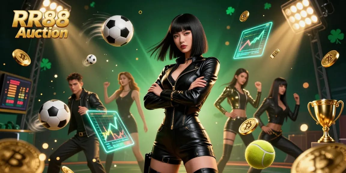 Win big with RR88 Auction in a packed digital scene featuring sports elements and an engaging atmosphere.