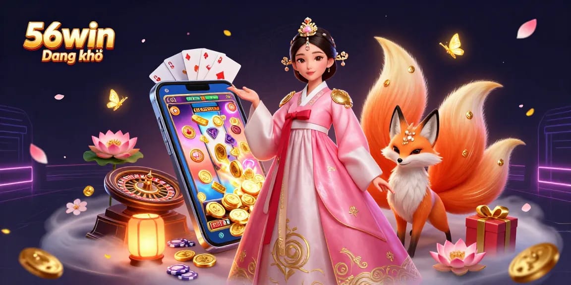 Experience excitement with 56win Đăng ký as a stylish Asian woman and a lucky fox highlight a vibrant casino scene.