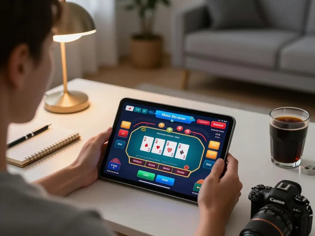 Engaged player using VIN88 app for online casino gaming on tablet in a cozy home setting