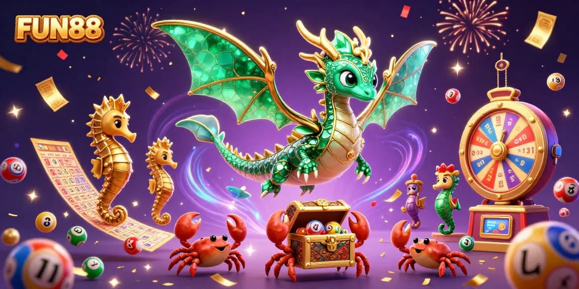 Join the adventure with FUN88, featuring a dazzling sea dragon among vibrant lottery elements.