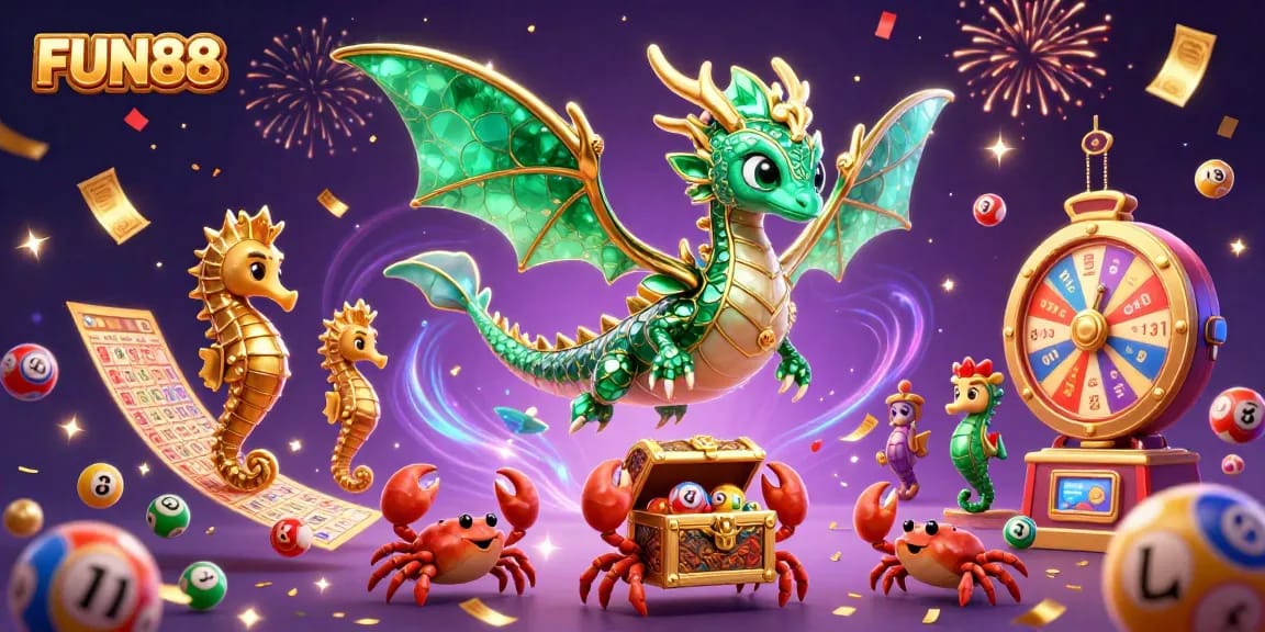 Join the adventure with FUN88, featuring a dazzling sea dragon among vibrant lottery elements.