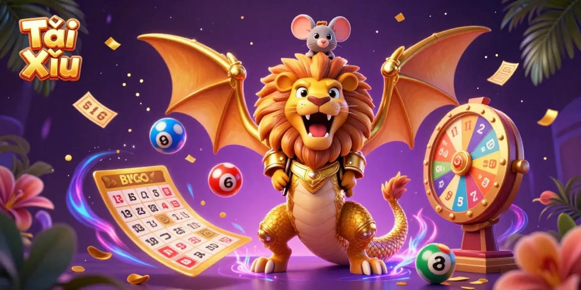 Play Tài Xỉu with vibrant 3D visuals featuring dynamic dice and a thrilling chimera creature.