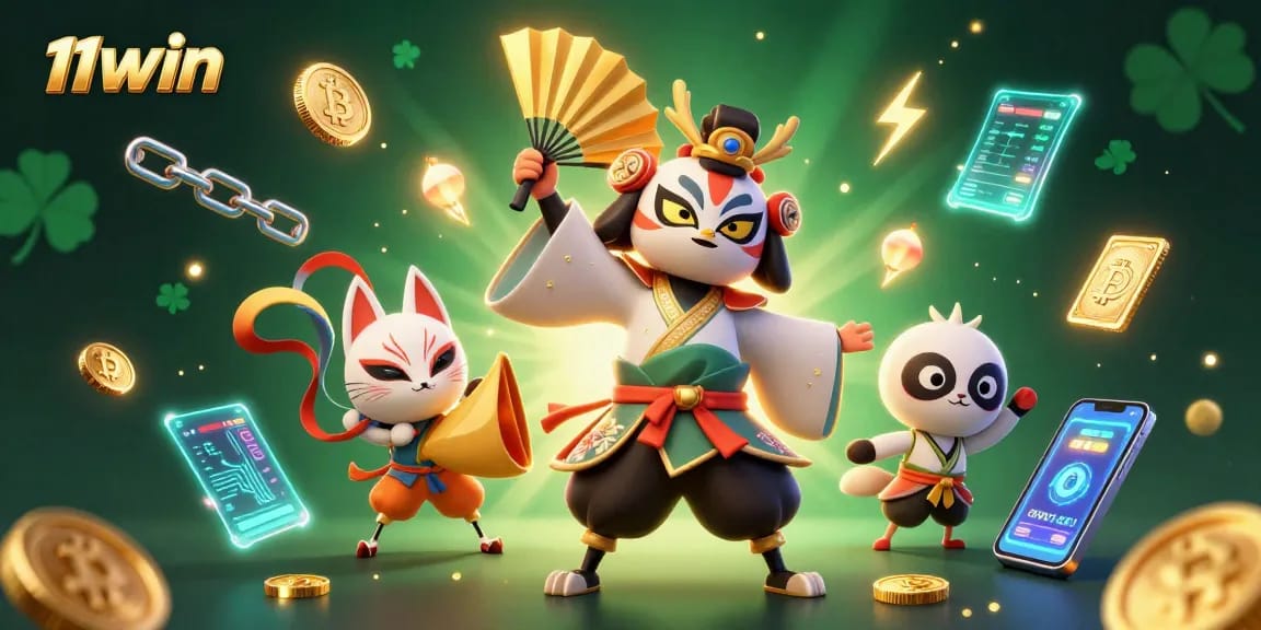 Engage with 11WIN's vibrant 3D scene filled with crypto symbols and casino elements
