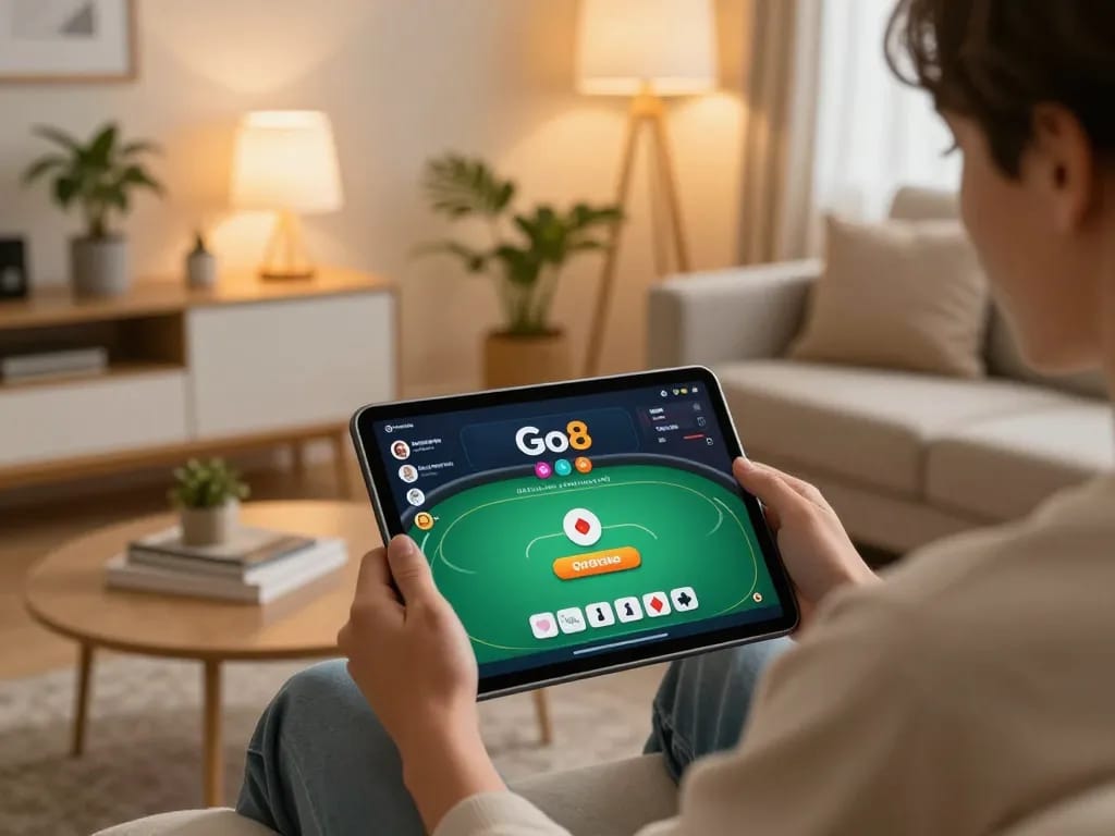 Engaging with Go8 vin poker app on a tablet in a cozy home setting, showcasing an inviting gaming experience.