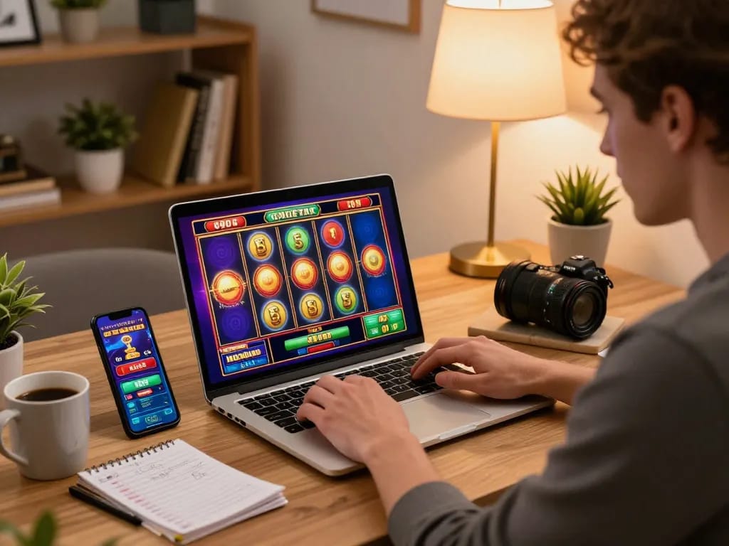 Engaging online gameplay on XX88 with vibrant slot machine interface and personal gaming setup.