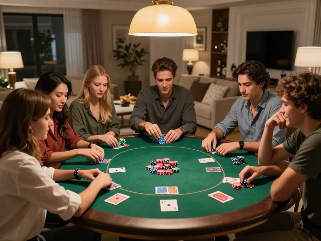 Friends engaging in a thrilling poker game, showcasing f168 gaming excitement in a cozy home setting.