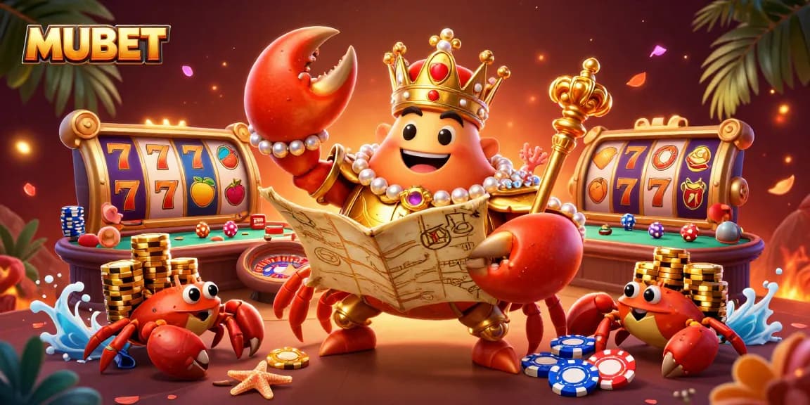 MUBET brings excitement with a golden crab emperor in a vibrant casino scene.