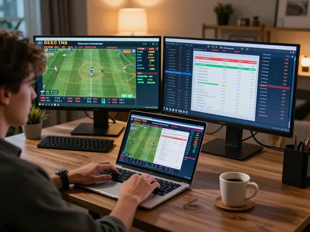 Engaging in live betting with detailed sports stats on screen, exploring ty le keo nha cai for optimal betting.