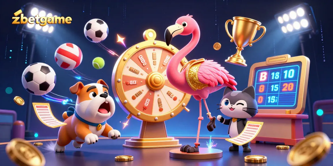 Spin the giant prize wheel at zbetgame with an enthusiastic bulldog contestant and a scoreboard cat assistant in a lively scene!