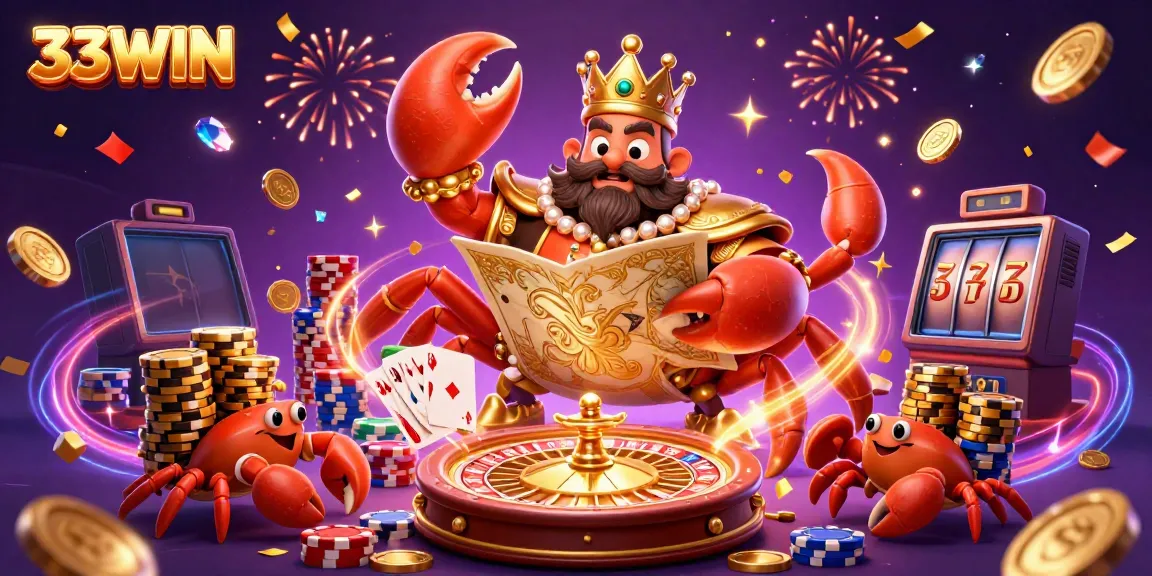 Engage with 33WIN through a vibrant 3D illustration of gaming excitement, featuring a golden crab emperor and casino elements.