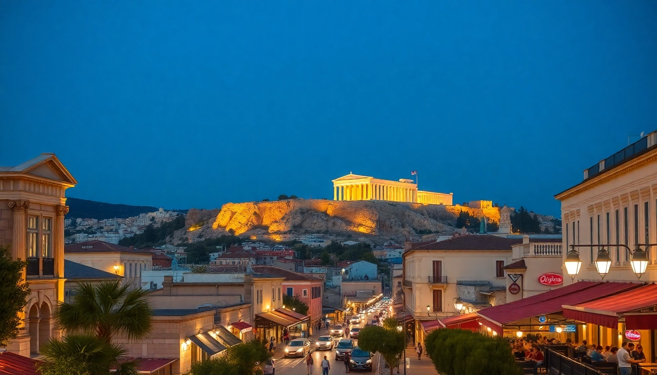 Athen Stadtansicht mit beleuchtetem Akropolis im Dämmerlicht und lebhaften Straßen.