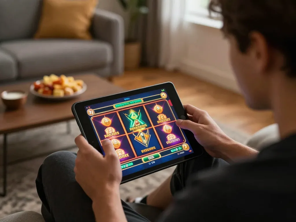 Playing slot games on a tablet at home, experiencing the excitement of OKBAY online casino