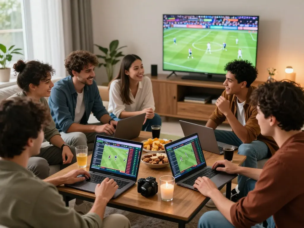 Friends engaging in zbet online sports betting in a lively living room.