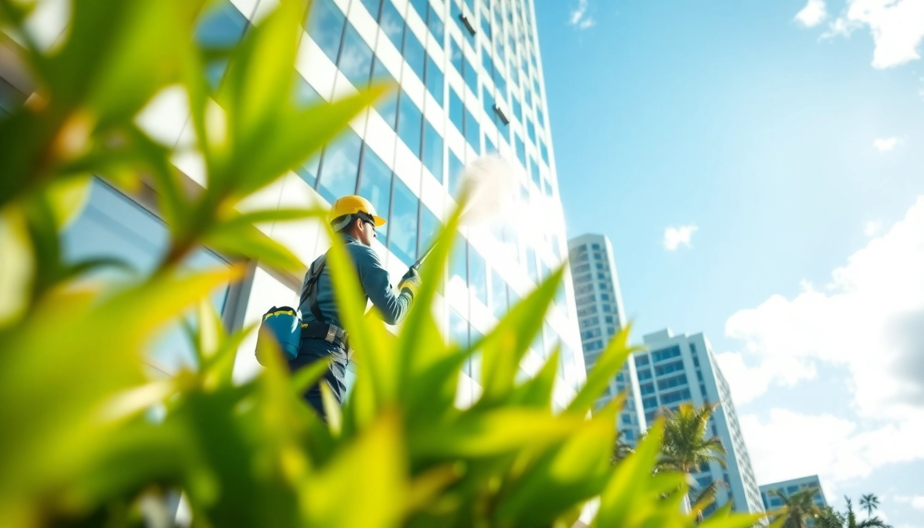 Effektive Fassadenreinigung in urbaner Umgebung mit professionellem Reinigungspersonal.
