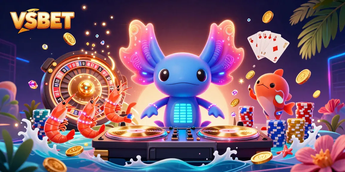 Engage with VSBET's vibrant casino experience featuring a DJ axolotl and lively sea creatures.